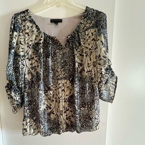 Sara Michelle Black blue tan Leaf Print bubble Blouse 3/4 sleeve lined small